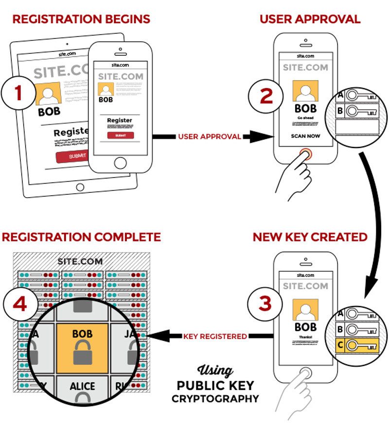 Processus FIDO d’inscription à un service en ligne. © Alliance FIDO