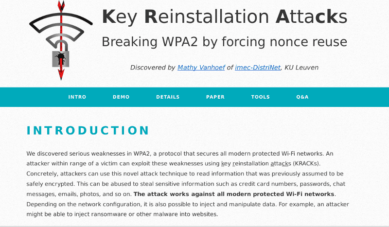 Page du site Web sur laquelle les deux chercheurs
dévoilent la faille de WPA2 mettant à mal tout
le protocole WiFi. © D.R. 