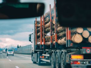 Un camion transporte des rondins de bois sur une autoroute.