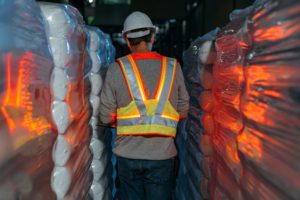 Entre deux allées de marchandises, l’opérateur est alerté de la présence d’un engin à proximité par un signal lumineux rouge.