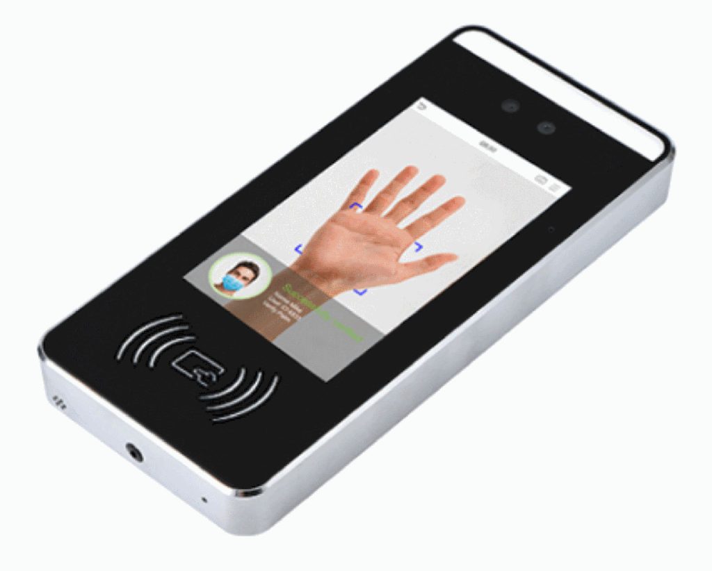 Sur l’écran de ce lecteur de la paume de la main, un gabarit aide l’utilisateur à positionner correctement la main afin de faciliter la lecture biométrique. © Abiova